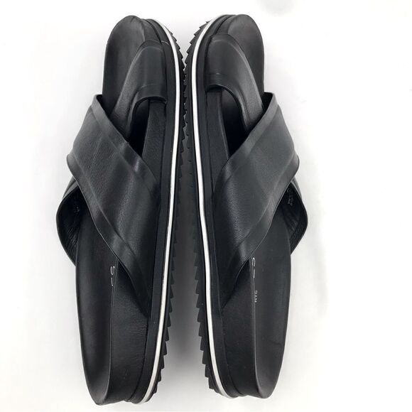 J/Slides OLIVIA Black Leather Crisscross White Stripe Slide Sandals - Picture 4 of 12